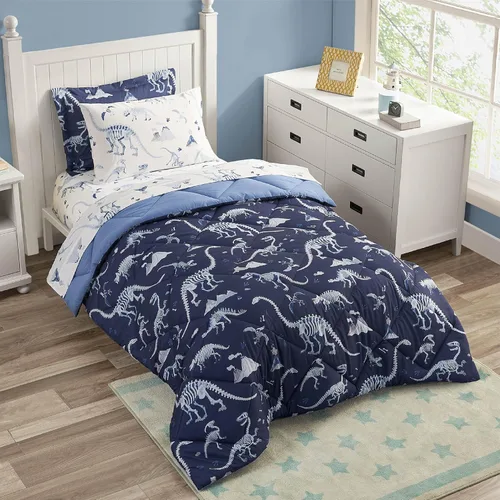 Vista 2 de PPOLCA Juego de edredón de dinosaurio azul tamaño individual para niños, ropa de cama de 5 piezas con sábanas y funda de almohada, súper suave