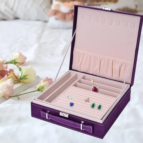 Vista 7 de Shop LC Joyero de terciopelo morado para mujer, organizador grande con soporte para aretes, exhibición de collares, almacenamiento de anillos