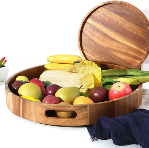Vista 4 de Bandeja extra grande de 20" de madera de acacia con asas - Bandeja de madera para otomano, mesa de café, charcutería, cama y desayuno