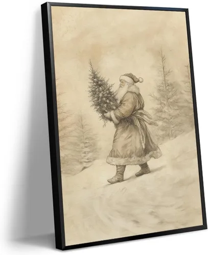 Vista 7 de Arte de pared en lona de árbol de Navidad y pino, póster rústico iluminado de abeto nevado, decoración de pared de vacaciones de invierno antigua