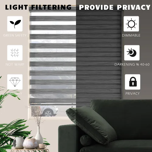 Vista 3 de Persianas de cebra, persianas de doble capa con parada libre, persianas transparentes para privacidad y control de luz, persianas para ventanas Gris