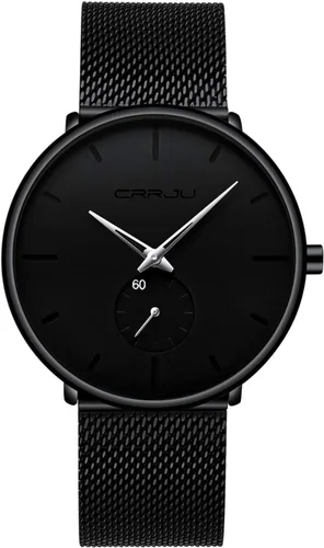 Vista 6 de CRRJU Reloj de cuarzo analógico delgado para hombre, reloj de pulsera con esfera negra con correa de malla