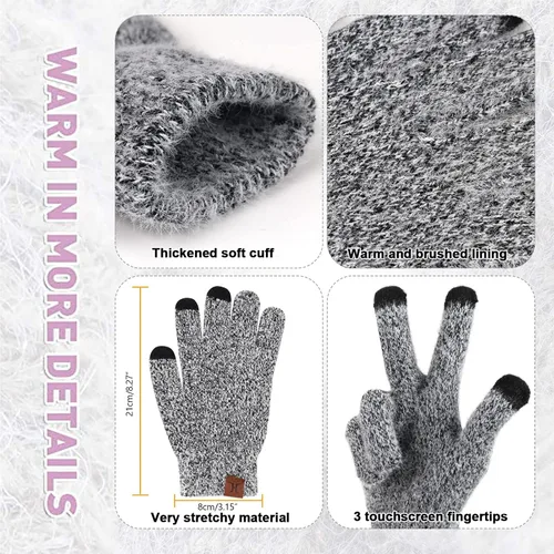 Vista 4 de Conjunto de guantes de punto cálido de invierno para mujer con forro polar y forro de calavera para mujer