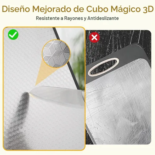 Vista 6 de Tabla de cortar de acero inoxidable, doble cara con paja de trigo PP, diseño de cubo 3D antideslizante, tabla de cortar grande de 15.75 x 11