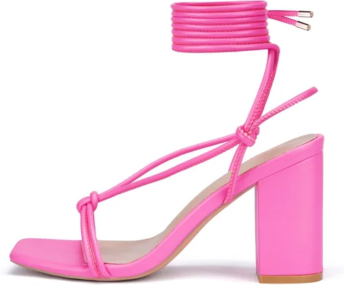Vista 8 de GENSHUO Square Toe Sandals Women Lace up Chunky High Heels Strappy Sandals Block Heeled Homecoming Wedding Dress Shoes