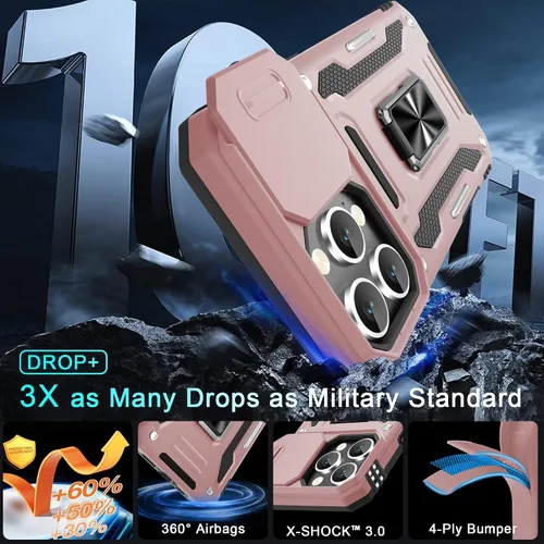 Vista 201 de DEERLAMN Funda para iPhone Xs Max con funda deslizante para cámara + protector de pantalla, soporte giratorio de anillo de grado militar a prueba