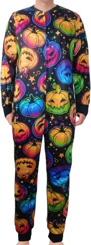 Vista 4 de AHAIJ Pijamas a juego para pareja, Halloween, calabaza, estampado de cara, pijamas para adultos, pijamas familiares de una pieza con bolsillos