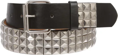 Vista 2 de Cinturón de piel con tachuelas Snap On, estilo punk, con estrella y pirámide, diseño de cuadros a cuadros Negro/Plateado