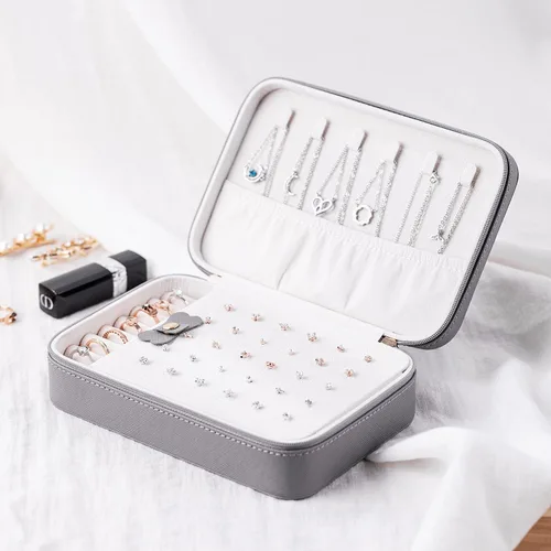 Vista 4 de SANQIANWAN Joyero de viaje de cuero de lujo para mujer, estuche de viaje portátil, anillos, aretes, collar, organizador multifuncional, regalo