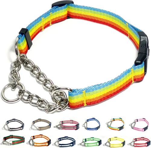 Vista 7 de Collar Martingale para perros, collares de nailon ajustables con hebilla de liberación rápida, rayas multicolores, cadena de acero inoxidable