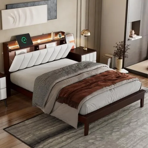 Vista 8 de Moderna base de cama LED de tamaño matrimonial con estación de carga, plataforma de madera con cabecera tapizada de almacenamiento, cama matrimonial
