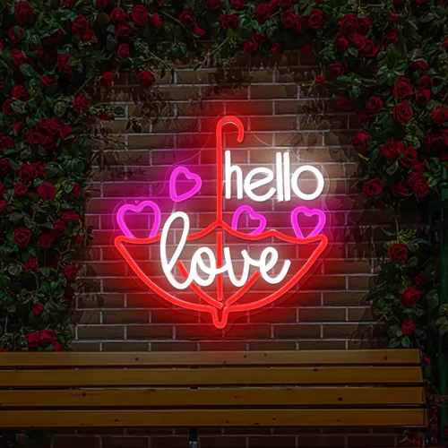 Vista 2 de Letrero de neón para el día de San Valentín, luz LED de neón regulable con texto en inglés «Hello Love» para decoración de pared, letrero de neón