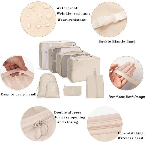 Vista 6 de Paquete de 8 cubos de embalaje para maletas, bolsa de almacenamiento de ropa y zapatos (beige)