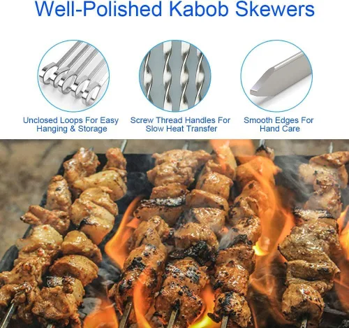 Vista 5 de Shish Kabob - Pinchos de kebab, de acero inoxidable de 17.7 pulgadas, reutilizables, palitos planos para barbacoa, para carne, pollo, camarones