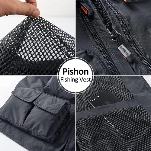 Vista 4 de Chaleco de pesca para hombre de verano al aire libre, de secado rápido, informal, ligero, con varios bolsillos
