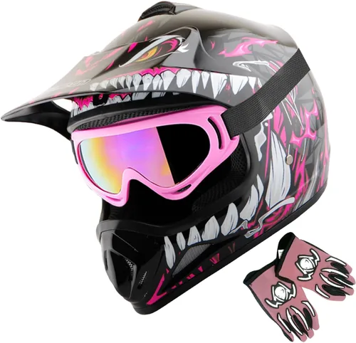 Vista 12 de WOW Casco de motocross BMX MX ATV para niños y jóvenes, casco Dianosour Dragon + gafas + guante marciano juvenil: paquete HJOY MG