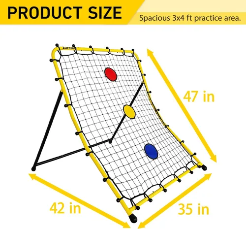 Vista 2 de zonlolo Red de rebote de béisbol y sóftbol con tres zonas de objetivo circular en rojo/amarillo/azul, entrenador de retorno de lanzamiento portátil