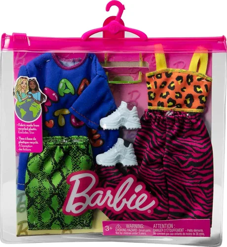 Vista 2 de Barbie Paquete de ropa, moda y accesorios de moda, el juego incluye 2 looks completos con trajes vibrantes y piezas