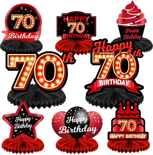 Vista 64 de Feliz 45 cumpleaños rojo y negro centros de mesa de panal de abeja decoraciones de globos decoración de mesa centros de mesa para niñas mujeres