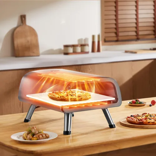 Vista 8 de VEVOR Horno eléctrico de pizza de 12 pulgadas, máquina para hacer pizza de acero inoxidable con piedra para pizza y espátula, calienta hasta 850 °F