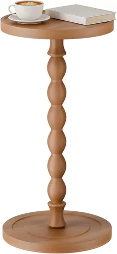 Vista 20 de Mesa auxiliar redonda pequeña, mesa de madera de acacia para espacios pequeños, mesas decorativas modernas, mesas auxiliares de café con pedestal