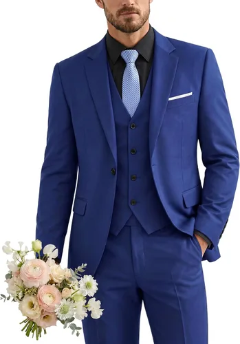Vista 28 de Traje de 3 piezas para hombre con corbata, chaleco sólido de un botón y beige (529-beige)