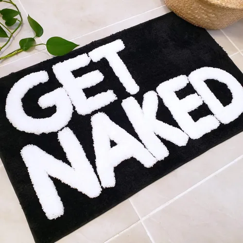 Vista 5 de New Mungo Alfombra de baño con texto en inglés «Get Naked», color negro, con letras blancas para decoración de apartamentos, divertida alfombra