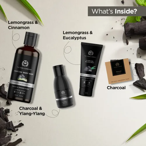 Vista 2 de The Man Company Kit definitivo de carbón con elegante caja de regalo Gel de baño de carbón, champú, exfoliante facial, lavado facial, jabón