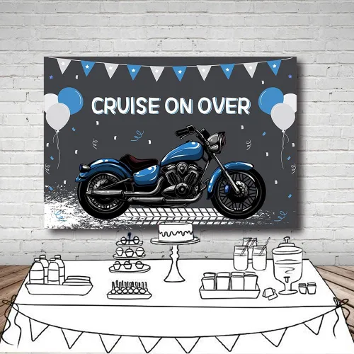 Vista 4 de MEHOFOND Telón de fondo de cumpleaños de motocicleta para niños, decoración de globos azules y blancos de carreras geniales para deportes extremos