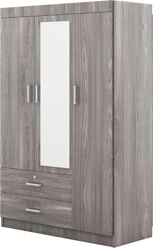Vista 9 de Armario de madera de 68.2 pulgadas de alto con espejo, moderno armario independiente de madera con 3 puertas y cajones de bloqueo, armario