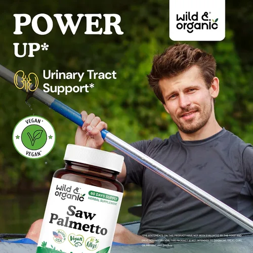 Vista 2 de Wild & Organic Cápsulas Saw Palmetto de 500 mg - Soporte del tracto urinario para hombres y mujeres - Suplemento en polvo de palma enana pura