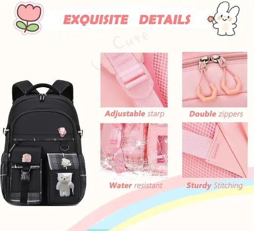Vista 4 de PRLINJSK Mochila para niñas, mochila escolar linda para niñas, niños y adolescentes, mochila Kawaii para primaria, Negro, Mediana, Mochilas