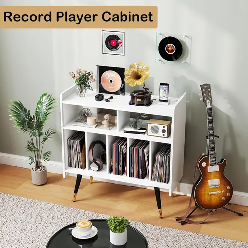 Vista 7 de White Record Player Stand with Vinyl Storage: Large Record Player Table Holds up to 200 Albums, Tall Turntables for Vinyl Records, Wood Turntable
