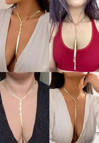 Vista 5 de Harry and Henry Collar de oro para mujer, collar de gargantilla de oro delicado para mujer, cadena larga de serpiente torcida, collares en Y