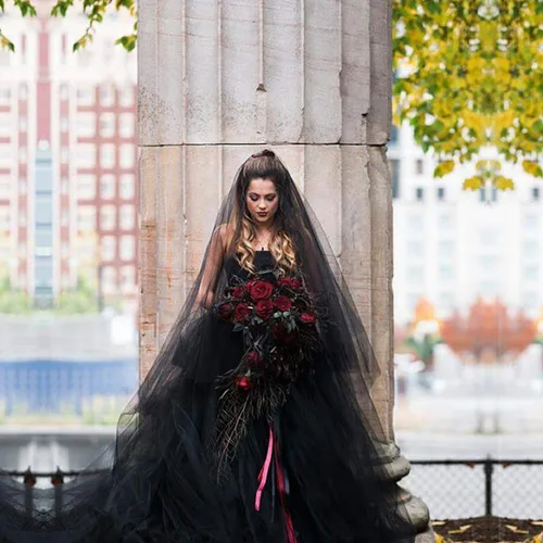 Vista 3 de Velo de encaje negro para boda, catedral, boda, novia, Halloween, gótico, disfraz, velo