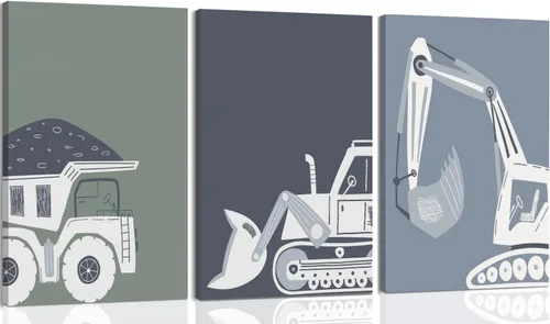 Vista 9 de Arte de pared de camiones de construcción para habitación de niños Decoración de bulldozer Imágenes de tractor Vehículo Cartel Camión de volteo Arte