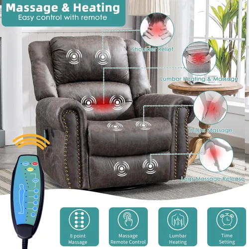 Vista 3 de MEETWARM Sillón reclinable giratorio de masaje con calor y vibración, mecedora manual mecedora, silla reclinable giratoria de 360° con control Gris