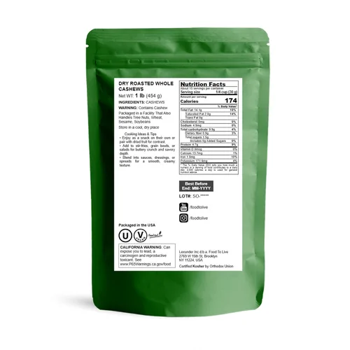 Vista 2 de Anacardos enteros tostados en seco, 1 libra, sin sal, anacardos tostados al horno, sin aceite añadido, kosher, vegano, a granel. Textura crujiente.