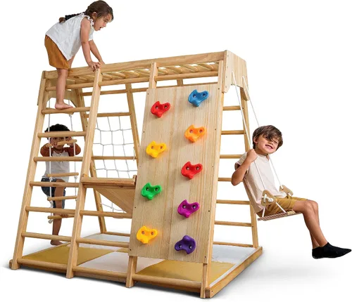 Vista 10 de Avenlur Magnolia Zona de juegos para interiores 7 en 1, gimnasio de la selva para niños de 2 a 6 años - Tobogán, pared de escalada, escalador