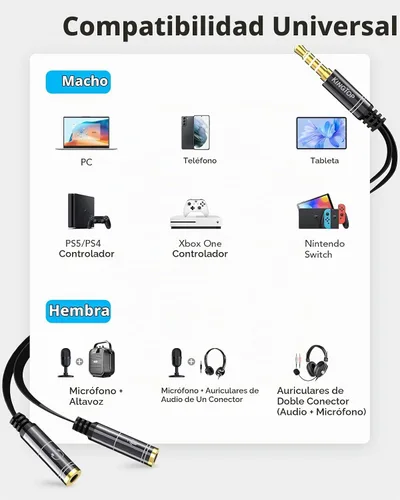 Vista 3 de KINGTOP Adaptador divisor de auriculares y micrófono de 3.5mm - [1 macho a 2 hembras] divisor de auriculares compatible con auriculares de juego