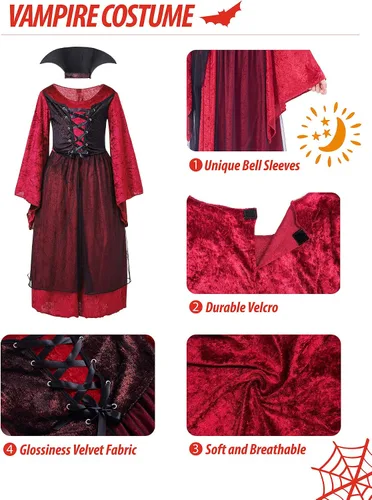 Vista 13 de IKALI - Disfraz elegante de vampiro para niña, vestido de princesa para Halloween