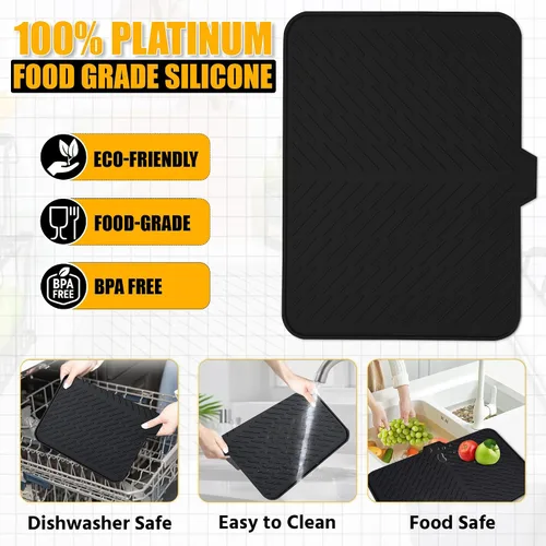 Vista 8 de Luxet Alfombrilla de silicona para secar platos con borde de drenaje integrado, almohadilla de secado higiénica, bandeja resistente compacta y fácil