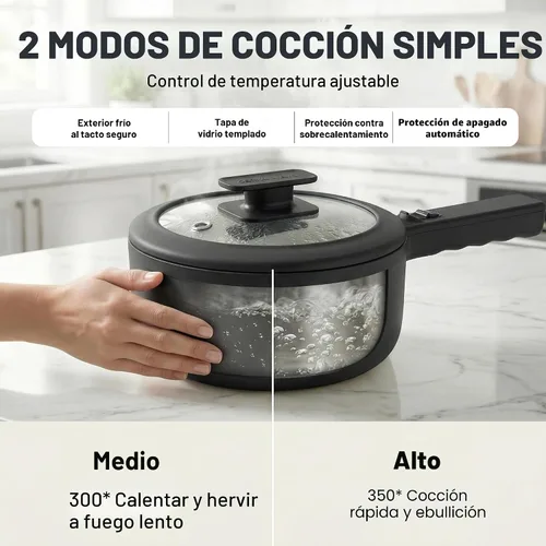 Vista 6 de Ceramax PRO Olla Eléctrica Caliente con Tapa y Vaporera, Sartén de Cocina de Cerámica No Tóxica de 1.5L para Ramen, Huevos, Pasta, Portátil