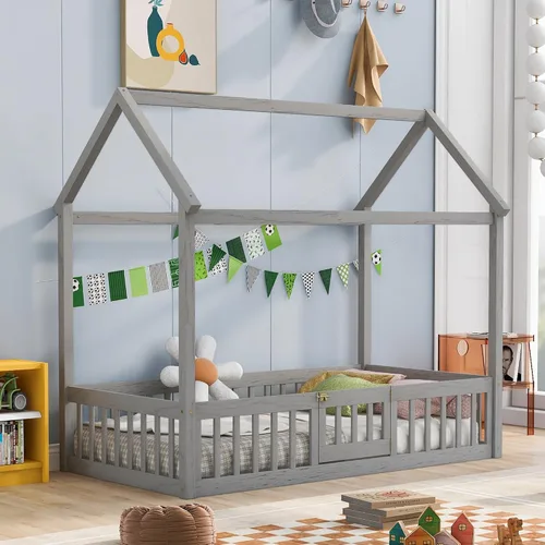 Vista 4 de Cama de casa individual para niños con barandillas de valla, marco de cama Montessori de madera tamaño individual con puerta pequeña para niños
