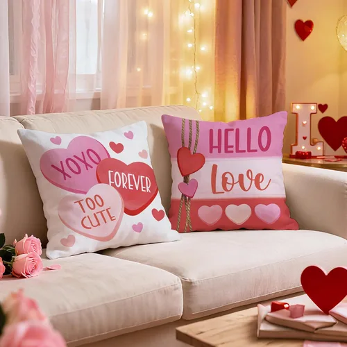 Vista 5 de Juego de 4 fundas de almohada decorativas para el día de San Valentín de 18 x 18 pulgadas, color rosa y rojo con texto en inglés "Hello Love Be My