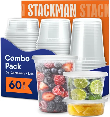 Vista 8 de Stack Man Recipientes de 8 onzas con tapas (48 juegos) – Contenedores de plástico transparente para almacenamiento de alimentos, sellado hermético