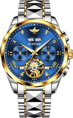 Vista 9 de OLEVS Relojes automáticos de esqueleto mecánico para hombres, 5ATM, impermeables, de tungsteno, acero inoxidable, cuerda automática, para hombre