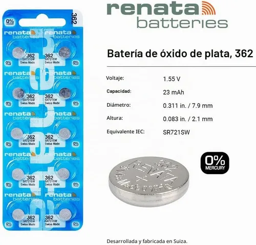 Vista 2 de Renata 362 SR721SW Baterías – 1.55 V Óxido de Plata 362 Batería de reloj (2 unidades)