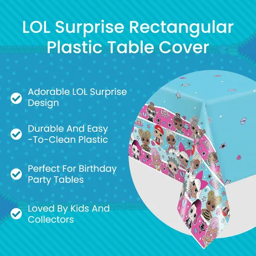Vista 5 de LOL Surprise - Mantel rectangular de plástico multicolor – 54 x 84 pulgadas (1 unidad) Duradero y fácil de limpiar, perfecto para fiestas