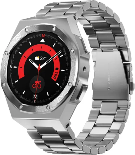 Vista 12 de Funda de lujo con correa diseñada para Samsung Galaxy Watch 6/5/4 de 1.732 pulgadas, resistente funda protectora militar de metal con correa táctica